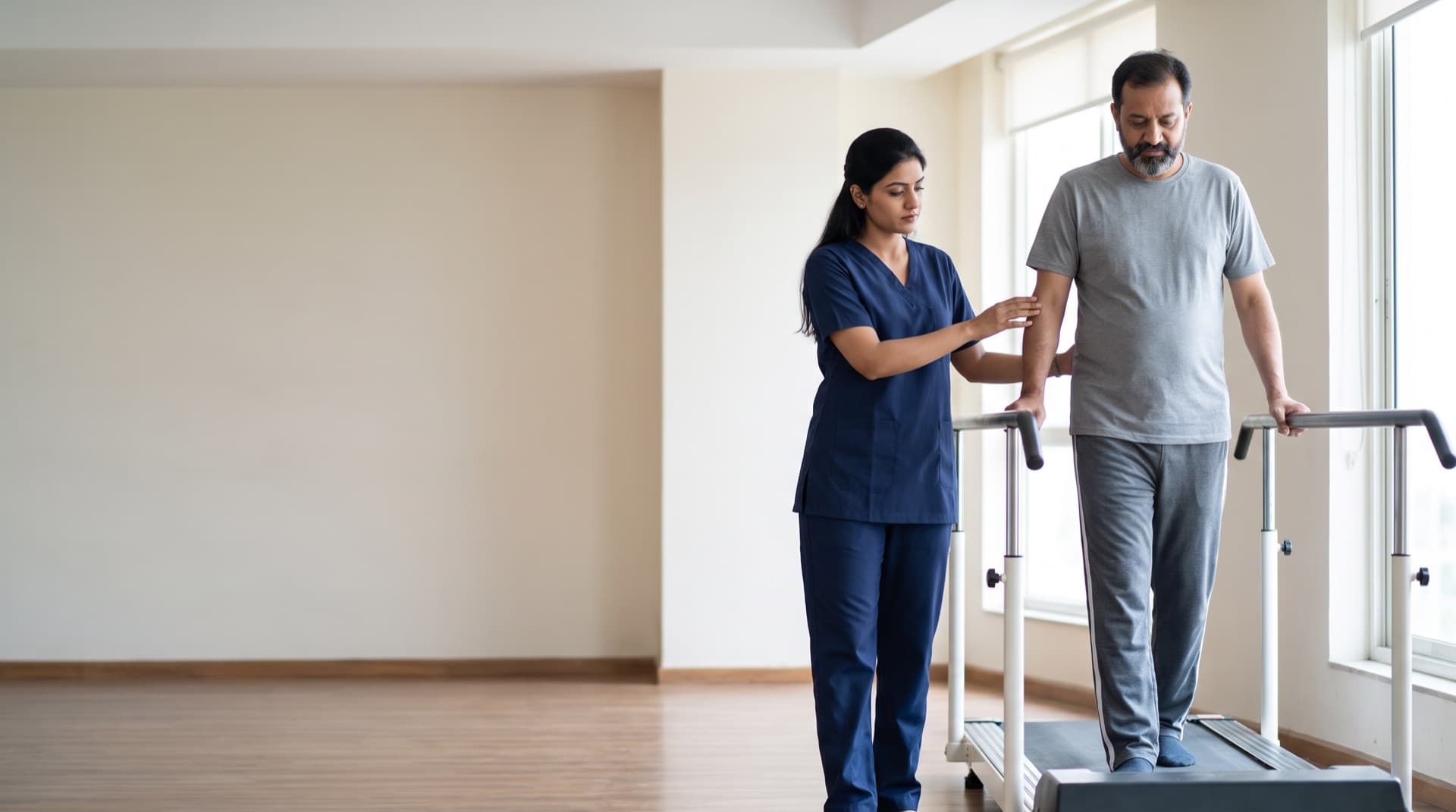 A physiotherapist guiding a patient walking on a rehabilitation treadmill with support rails