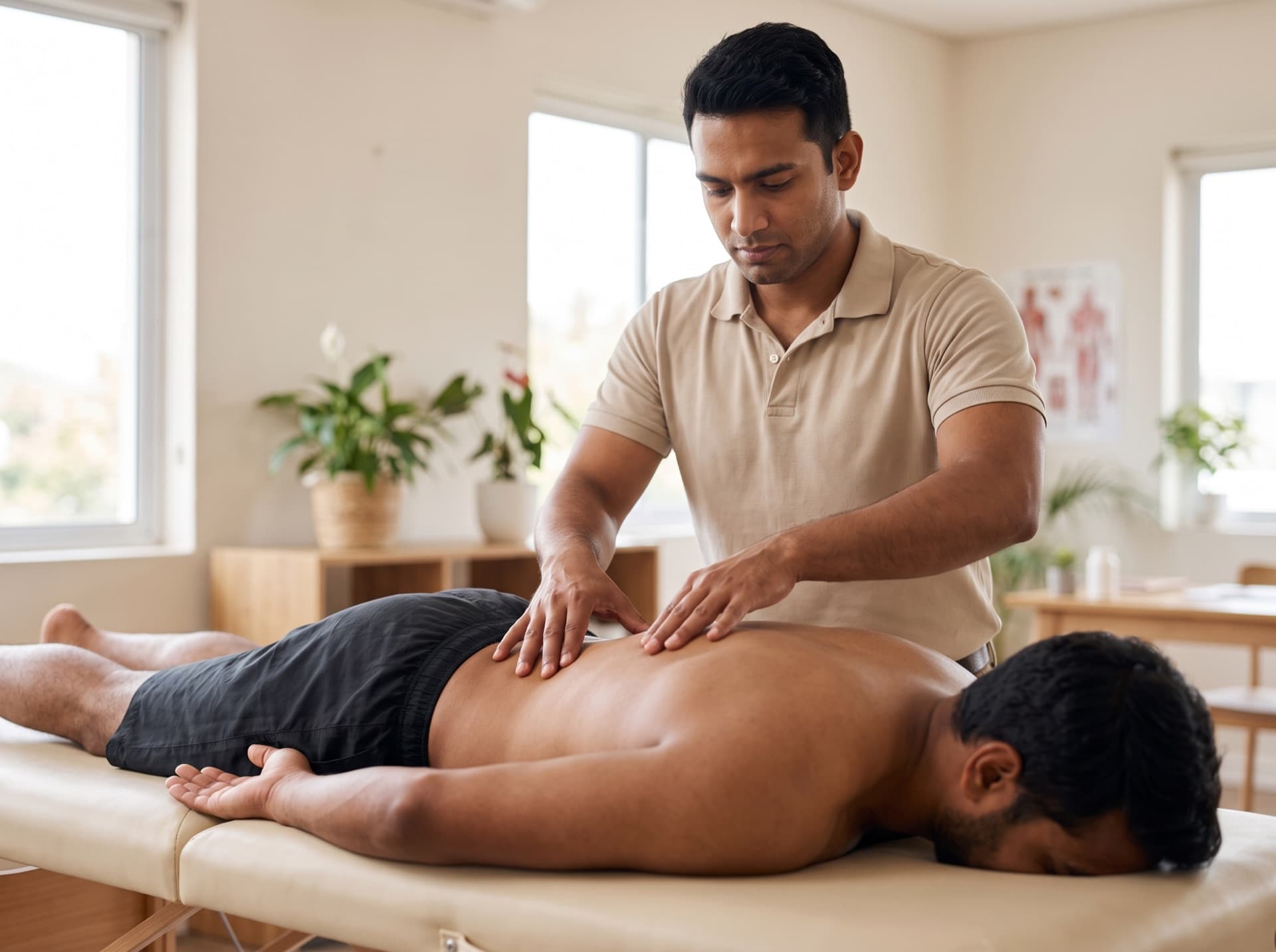 A physiotherapist performing hands-on manual therapy on a patient’s lower back