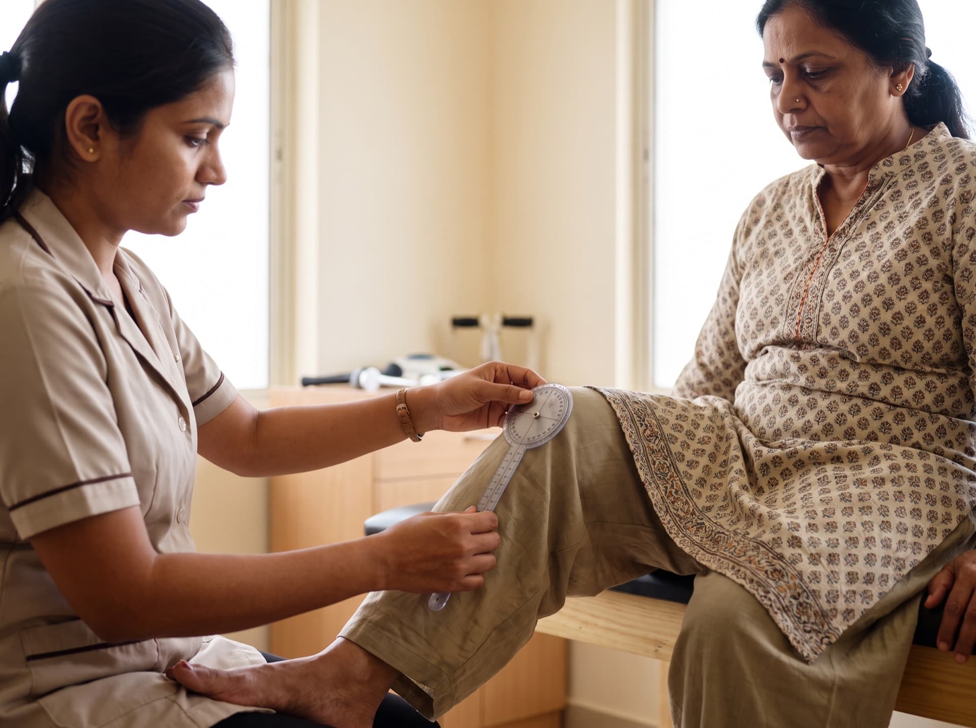 A physiotherapist measuring a seated patient’s knee range of movement with a goniometer