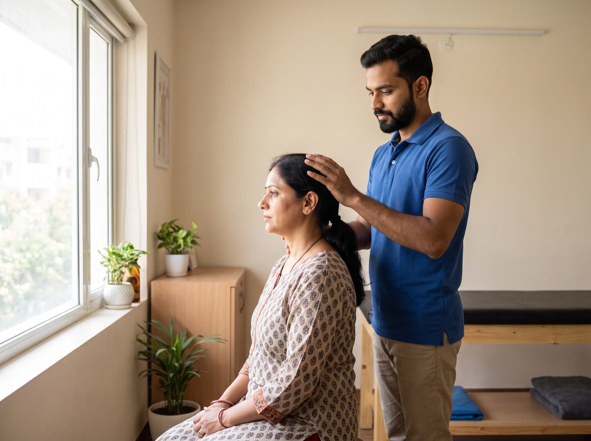 A physiotherapist assessing a seated patient’s neck rotation, hands supporting the head
