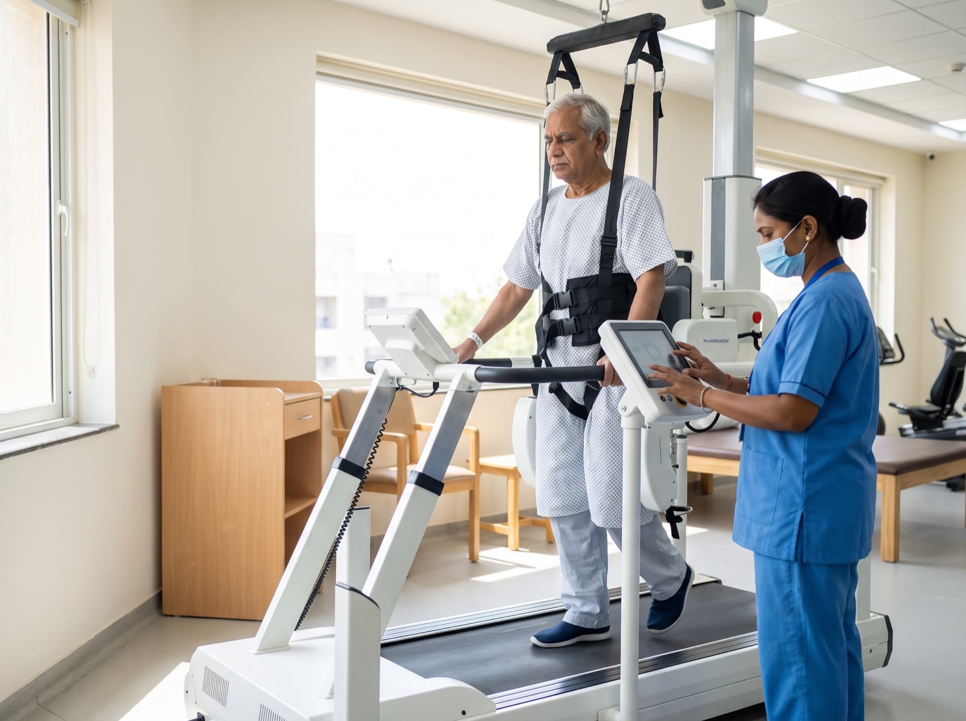A patient in a body-weight-supported gait trainer with a physiotherapist at the control panel