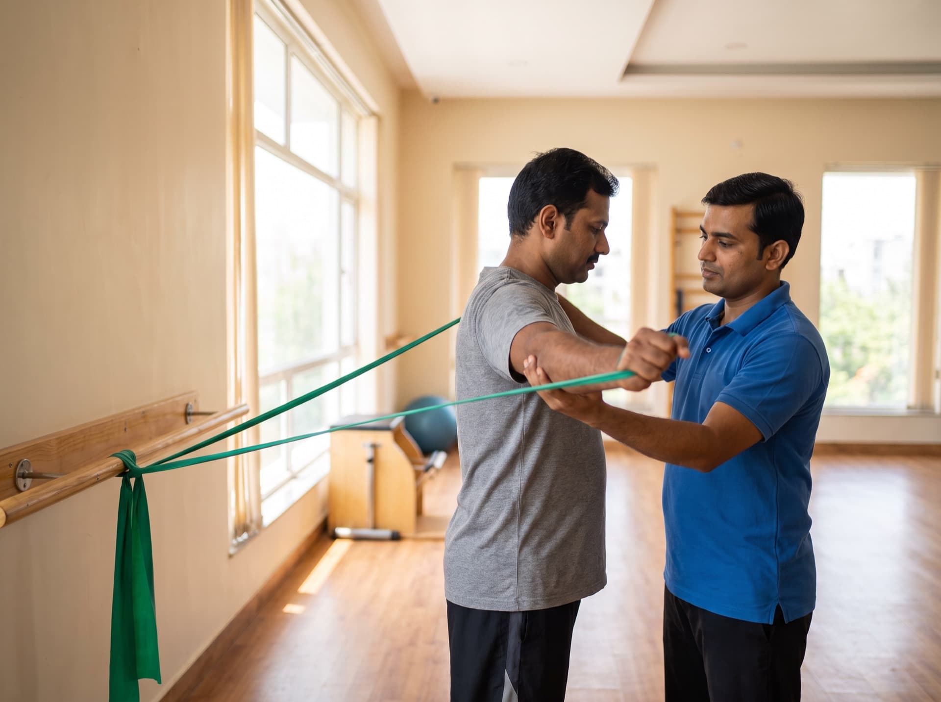 A physiotherapist guiding a standing patient through a shoulder mobility exercise with a resistance band
