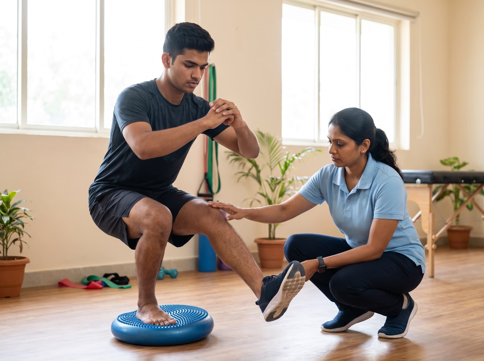 A young athlete performing a single-leg strength exercise while a physiotherapist checks their form
